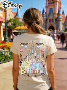 Disney Authorized Women's Casual Short Sleeve T-Shirt, Birthday Princess Themed, Double-Sided Print, Front With  & Castle (Custom Name), Back With Princess Collage, Breathable, Perfect For Birthday Outfits - 杏色 - 查看 3