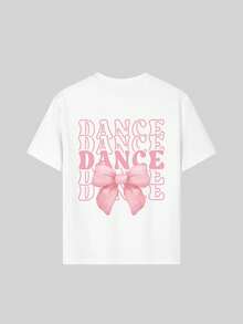 少女款“DANCE”字母蝴蝶结卡通印花柔软舒适T恤，适合户外运动、日常休闲穿着、街头校园风，时尚百搭的春夏上衣 - 白色 - 查看 6