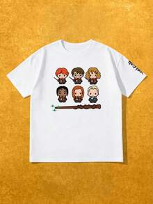 SHEIN X Harry Potter Casual Cartoon Print Short Sleeve T-Shirt, Summer - White - View 1