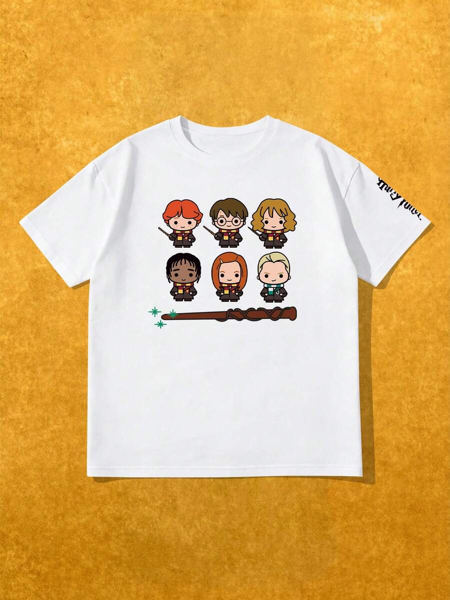 SHEIN X Harry Potter Casual Cartoon Print Short Sleeve T-Shirt, Summer - White - View 1