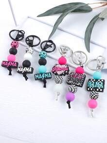 1pc MAMA Polka Dot Beaded Bracelet Keychain - Leopard Print Silicone Beaded Bracelet With Tassel, Fashion Keychain Gift For Mom - Multicolor - View 1