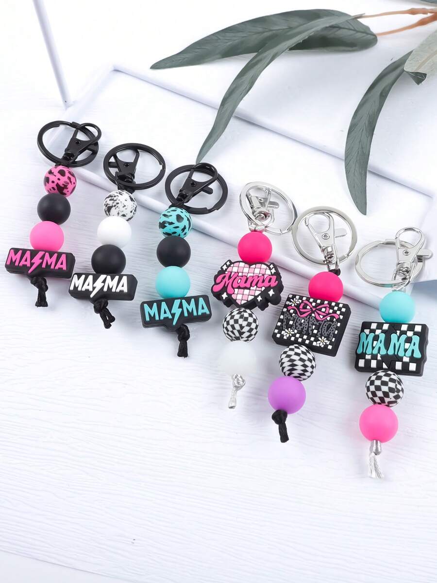 1pc MAMA Polka Dot Beaded Bracelet Keychain - Leopard Print Silicone Beaded Bracelet With Tassel, Fashion Keychain Gift For Mom - Multicolor - View 1