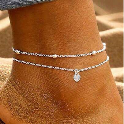 Bộ 2 chiếc vòng chân mặt dây chuyền hình trái tim tối giản đính đá Cubic Zirconia dành cho nữ, thích hợp cho ngày Valentine.