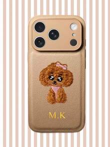 Personalized Litchi Pattern Embroidered Puppy Faux Leather Phone Case, 3D DIY Engraved Letters Initials Name Soft Leather Cover Compatible With 17 16 15 14 13 12 11 Pro Max, Full Camera Protection Anti-Drop Case, Couple Phone Case - Multicolor - View 6