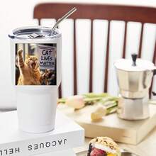 30oz Stainless Steel Tumbler Black White Options,  Cat Lives Matter Protest Cat Graphic Cups, Insulated Travel Coffee Mug With Lid And Straw , Double Wall Vacuum Reusable Travel Cups, Funny Birthday Party Gift For Women & Men - 白色 - 查看 2
