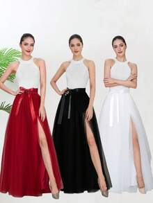 1 pieza Falda larga negra para mujer, falda de estilo gótico con abertura lateral blanca/roja para actuación en escenario, falda con lazo en la cintura, falda con superposición transparente, falda interior de malla de 150 cm de largo, linda minifalda - Multicolor - Ver 1