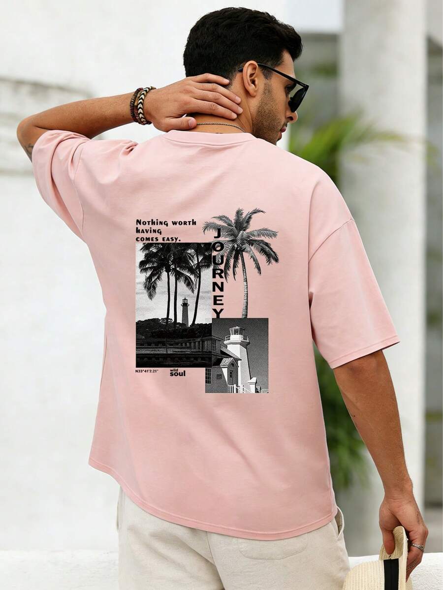 Men's Loose Casual T-Shirt - Hawaii Beach Fashion Short Sleeve Top - Pink - View 1