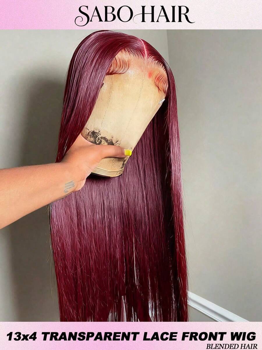 Tóc giả ren phía trước 30 inch, tóc thật pha trộn, đã được tỉa sẵn với tóc con, kiểu thẳng 13x4, ren trong suốt HD, dành cho nữ sử dụng hàng ngày, mật độ 200, không cần keo dán, màu đỏ tía thời trang 99j