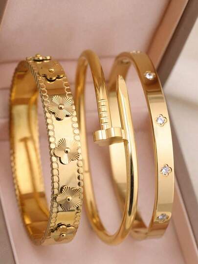 3pcs/Set Vintage Stainless Steel Gold Bangle Set For Men, Luxury Daily Commute/Casual Minimalist Accessory