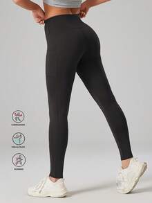 High Waist Double Pocket Lifting & Slimming Yoga Pants, Fitness Leggings, Outdoor Tight Pants - Black - View 5