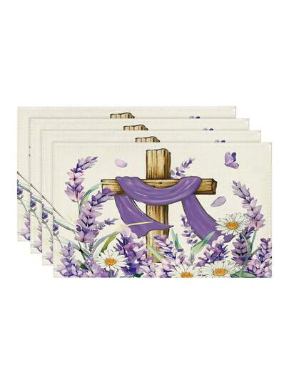 4pcs/6pcs Easter Cross & Floral Pattern Lavender Daisy Floral Faith Christian Spring/Summer Rectangular Placemats, Washable, Suitable For Family Dinner, Coffee Table, Durable Kitchen & Dining Room Decor, Table Setting & Scene Decoration, Home Decor