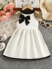1 pezzo Vestito casual e carino da ragazza con fiocco e contrasto di colori, stile principessa a-line, adatto per uso all'aperto, ritorno a scuola, spiaggia, viaggi in famiglia, feste di compleanno, primavera/estate - Albicocca - Visualizzare 2