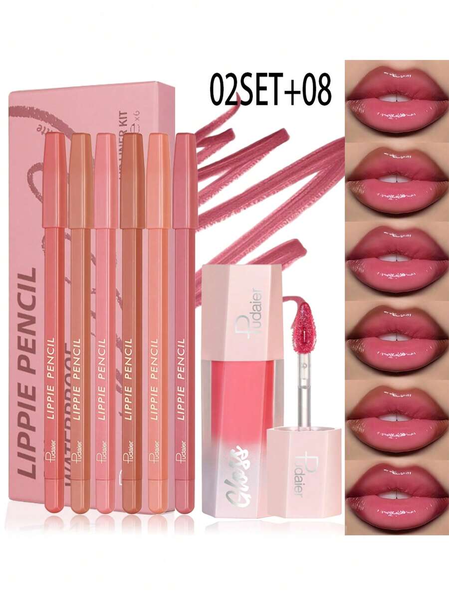 Pudaier 6pcs Lip Liner Pencils + 1pc Lip Gloss Set, Waterproof Long-Lasting Makeup, Moisturizing Non-Smudge, Suitable For Lip Contouring, Fits All Skin Tones, Ideal Gift For Holidays & Valentine's Day - 02SET+08 - View 1