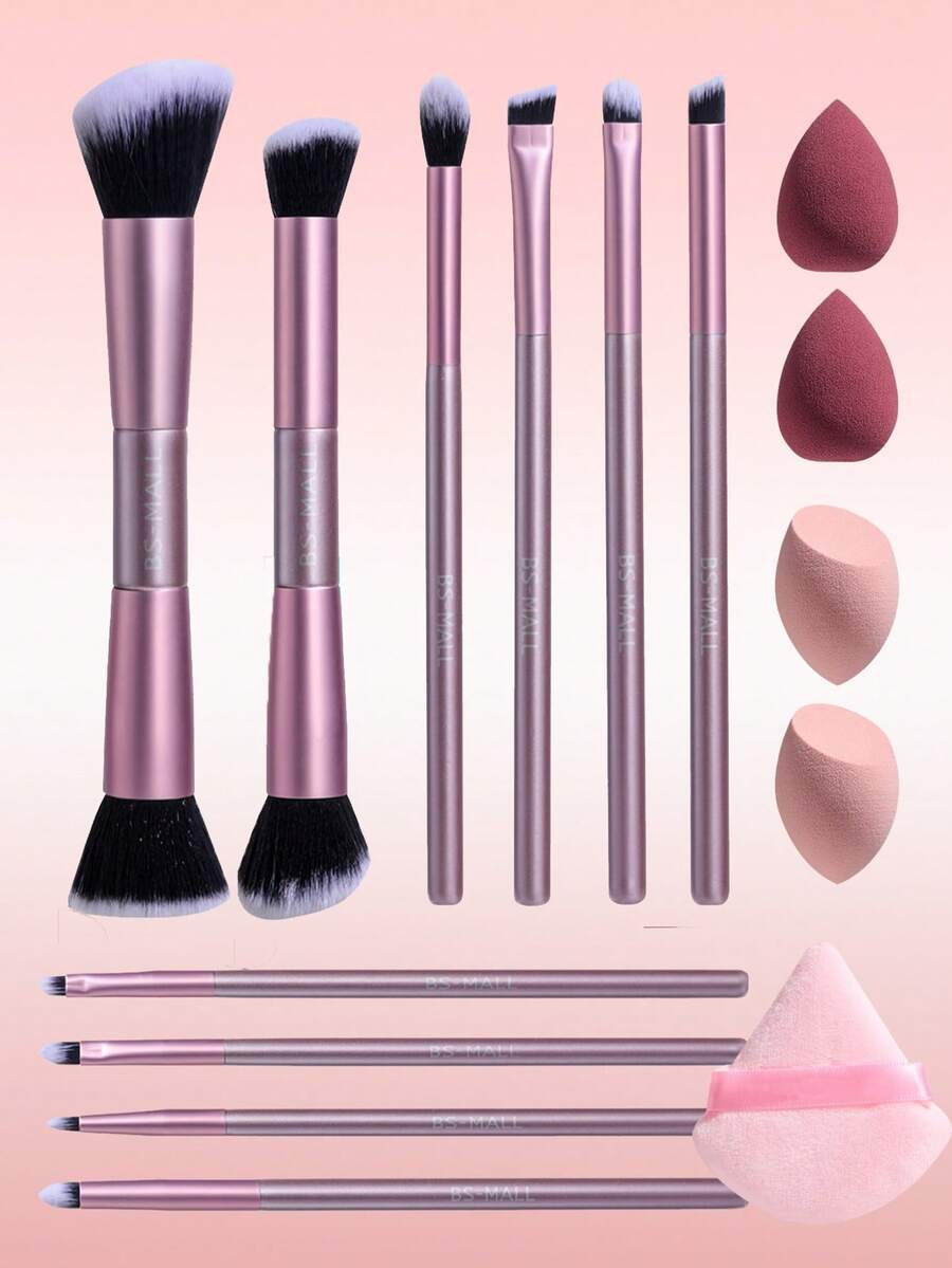 BS-MALL 10件套高品质化妆刷套装，含5个柔软化妆海绵，精准上妆，浅紫色双头眼影刷、粉底刷、腮红刷，不刺激皮肤，不掉毛 - 淡紫色 - 查看 1