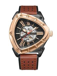 1pc Men's Automatic Mechanical Watch, Black & Gold Contrast, Hollow Triangular Design, Dual-Layer Leather Strap, Personalized Wristwatch For Daily Wear - Multicolor - View 3