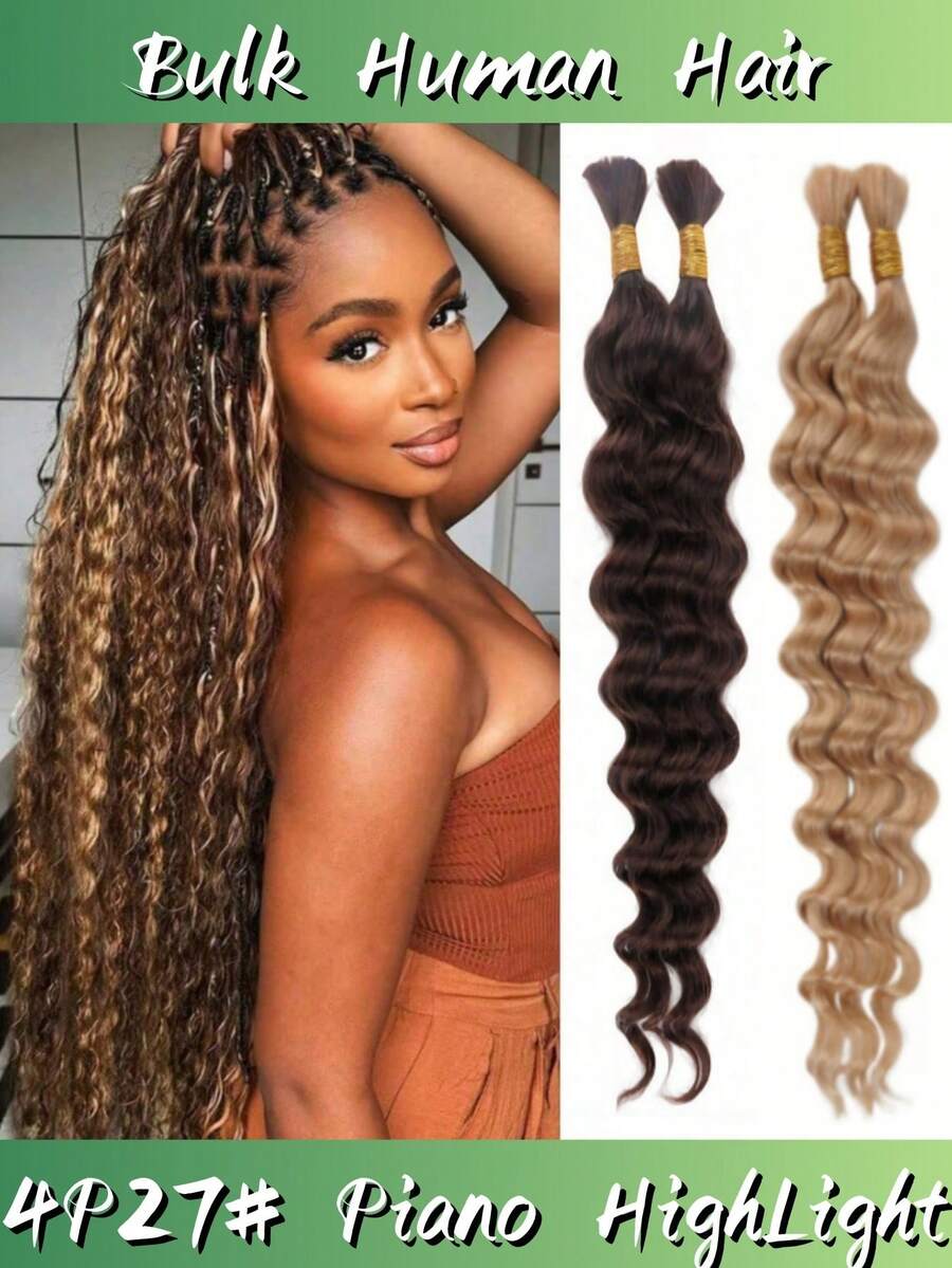 Lsybeauty 4 Bundles/Pack 4P27# Piano HighLight Human Braiding Hair For Boho Braids Human 45g/Pack 16/20 Inch Curly Boho Hair For Braiding Knotless 12A Deep Wave Bulk Bohemian - 4#+27#((2 of each color) - 查看 1