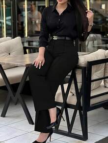 Women's High Waist Work Pants, Stretchy Business Casual Trousers, Slim Fit Office Pants, With Waist Belt Design (Belt Not Included) - Black - View 10