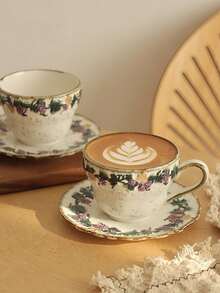 French Retro Grape Vine Embossed Ceramic Cup And Saucer Set, Shallow Embossed Craftsmanship, Unique Pattern Design, Coffee Cup And Saucer, Afternoon Tea Cup And Saucer, Beverage Cup, Latte Cup, Snack Plate, Suitable For Daily Use, Home, Restaurant, Cafe, Suitable As A Gift - Multicolor - View 5