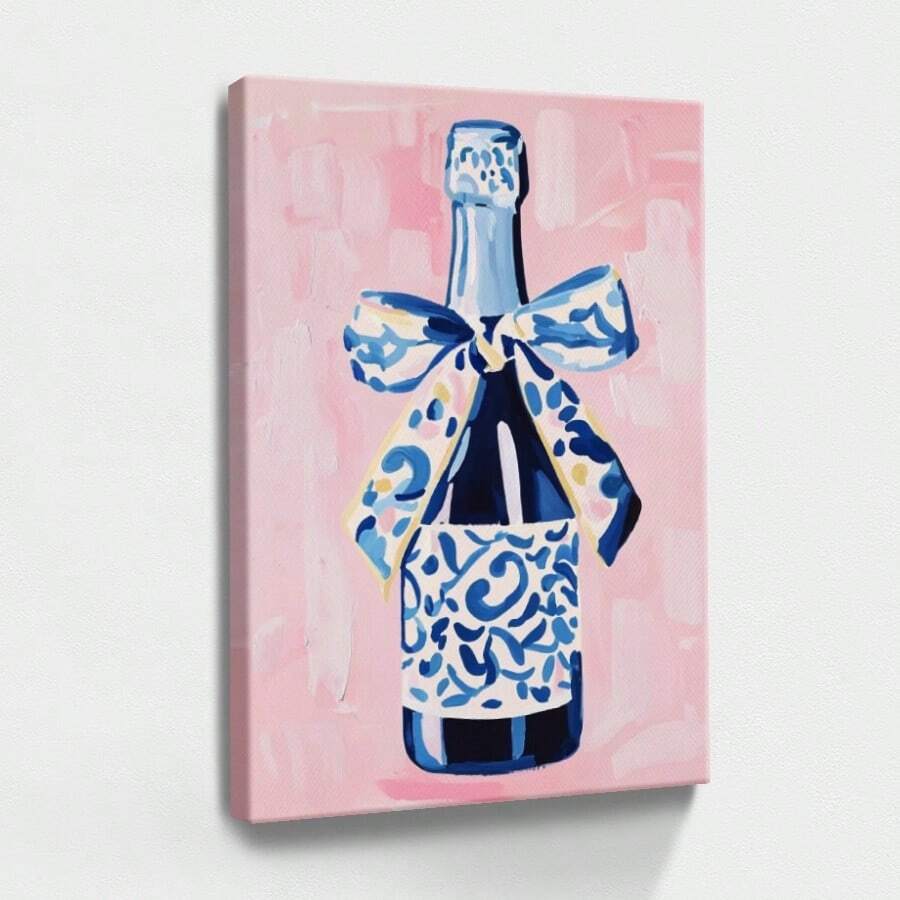 1pc Blue Summer Wall Art, Beach Decor, Ocean Wooden Framed Wall Art, Wrapped Canvas Vintage Prints Poster, Wine Bottle, Blue Bow, Patterned Ribbon - Abstract, Abstract, Whimsical, Contemporary Style, Perfect Gift Decor, Wall Art for Living Room Bedroom Office, Hanging Hardware Included - Wrapped Framed Canvas, Vertical - Lienzo enmarcado - Ver 1