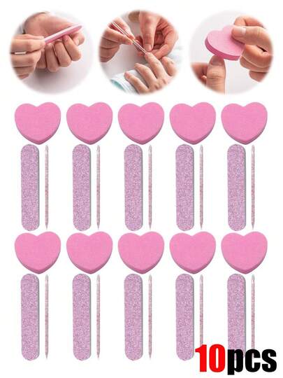 10/3/1件套心形指甲锉套装，包含指甲锉条和卸甲棒，适合DIY指甲打磨和塑形，初学者可在美甲沙龙或家中使用，非常适合足部护理和美甲工具。