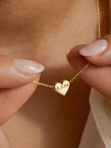 1pc Customized Carved Heart Pendant Necklace, Gift For Her, Mother's Day Gift, Anniversary Gift, Special Occasion Necklace, Personalized Heart Pendant, Carved Name & Date Women's Gift - Gold - View 4
