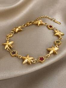 1Pc 18K Gold Plated Stainless Steel Luxury Vintage Multi-Gem Dreamy Star Bracelet For Women, Elegant Mom Gift Christmas Carnival Winter Jewelry Wedding Rave/Prom/Party/Daily Accessories Gift For Anniversary Valentine's Day Boho Jewelry Birthday Bridesmaid Gifts - Multicolor - View 4