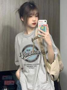 夏季新款独特设计印花圆领休闲百搭少女纯棉短袖T恤 - 淺花灰 - 查看 1