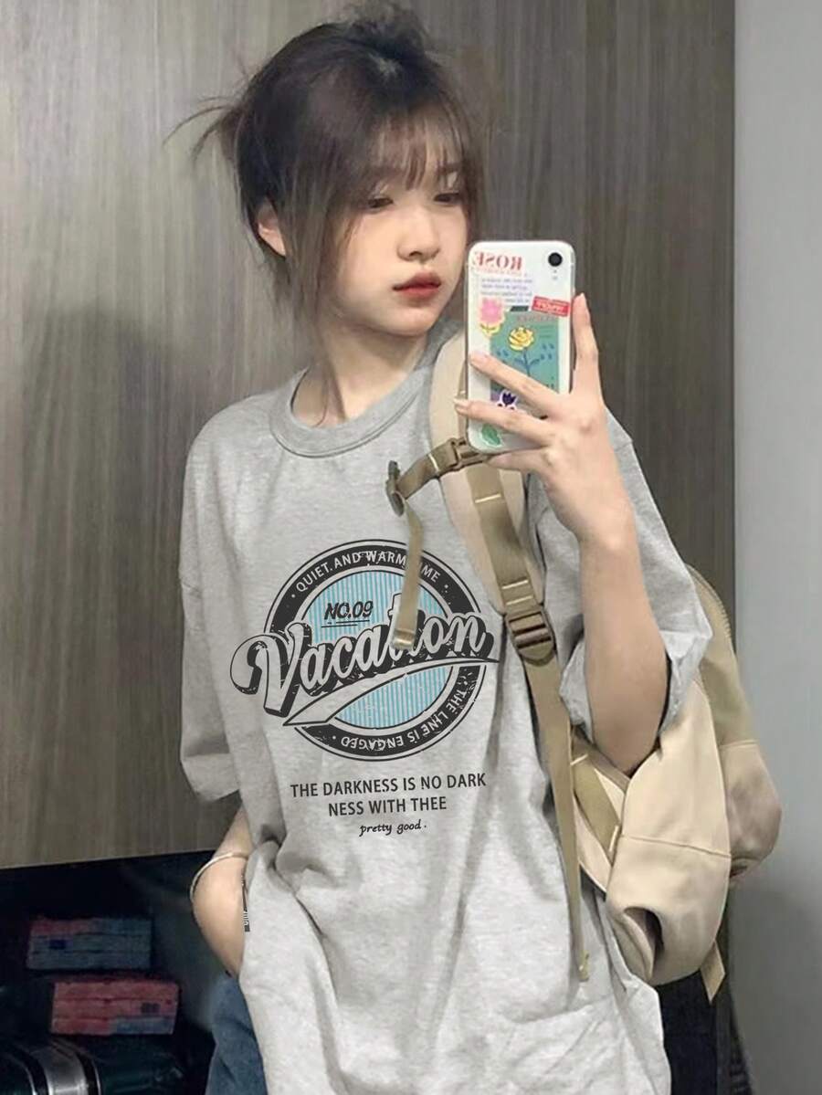 夏季新款独特设计印花圆领休闲百搭少女纯棉短袖T恤 - 淺花灰 - 查看 1