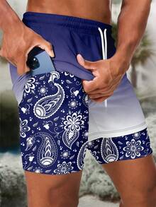 男士夏季度假风印花带衬里口袋双层沙滩短裤 - 彩色 - 查看 2