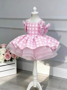 粉色格子束腰派对礼服，公主裙适合女孩的生日派对、宴会、舞会、婚礼花童、节日庆典 - 粉色 - 查看 1