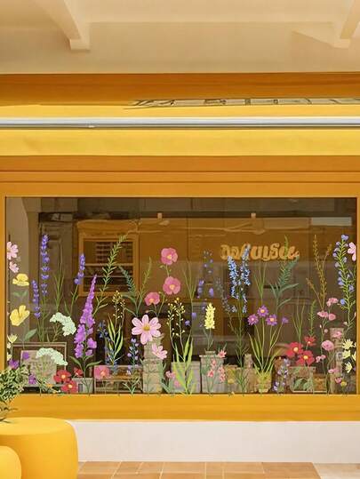 1PC Creative Simple Colorful Spring Wildflower Double-Sided Visible Glass Static Cling Stickers For Bedroom, Living Room, And Hallway Window Decor