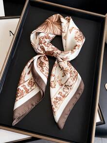 1pc Vintage Floral Print Thin Sun Protection Headscarf Women's Hair Scarf Faux Silk Square Scarf Handbag Packaging Decorative Silk Scarf - Brown - View 1