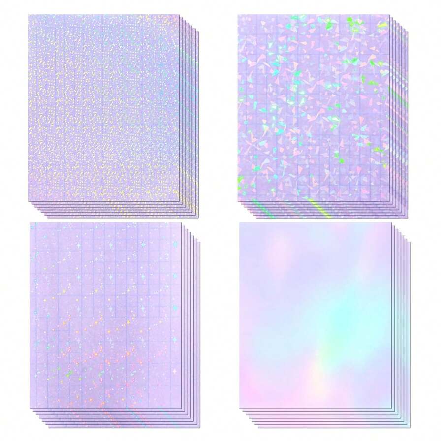 4 Assorted 20/40 Sheets A4 (8.3x11.7 Inches) Holographic Vinyl Sticker Paper, Transparent Holographic Vinyl Laminate, Transparent Overlay Self-Adhesive Waterproof Sticker Paper - Gem, Polka Dot, Rainbow, Star