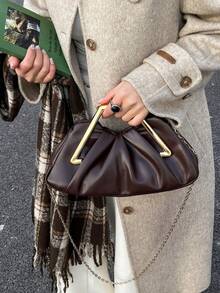 女士褶皱手提包，优雅女士奢华金属链条装饰包，适合购物、约会、派对，酒红色 - 咖啡 - 查看 4