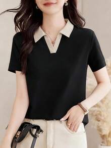 Damen Lässig Polokragen Langarm T-Shirt, 2026 Neue Sommer Mode Top Schwarz - Schwarz - Übersicht 3