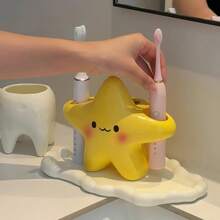 Soporte para cepillo de dientes con forma de estrella de dibujos animados, soporte para cepillo de dientes eléctrico para encimera de lavabo, estante para pasta de dientes de alto valor - Amarillo - Ver 3