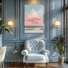 1 pza Arte de pared de verano azul, decoración de playa, cuadro de lienzo con marco, póster vintage, cielo nublado, cuerpo de agua, paisaje - Impresionista, enfoque natural, estilo de paleta pastel, decoración para sala, dormitorio u oficina, incluye herrajes - Vertical - Lienzo enmarcado - Ver 5