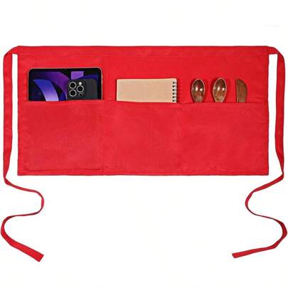 Red Half Apron With 3 Pockets Server Apron Unisex Waist Aprons Waitress Waiter Polyester Waist Aprons Adjustable Ties