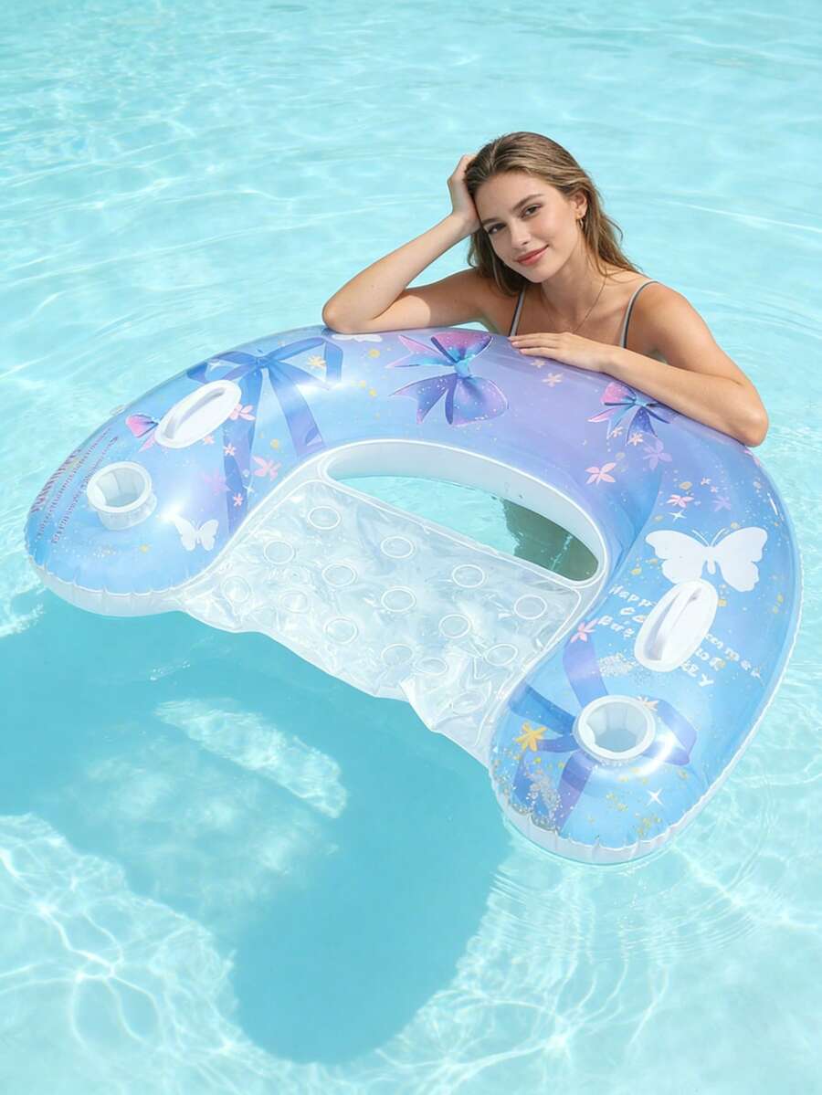 1个U型充气躺椅，可爱风格，带有蝴蝶结和亮片元素，带杯架，PVC材质，适用于水上、泳池派对、沙滩、充气漂浮、水上休息座椅，气泵需另行购买。 - 亮片蝴蝶U型躺椅 - 查看 1