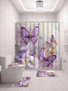 4件套金紫色蝴蝶图案浴帘，配12个塑料挂钩，浴室防滑垫，U型马桶盖套，现代家居浴室配件 - 多色 - 查看 7