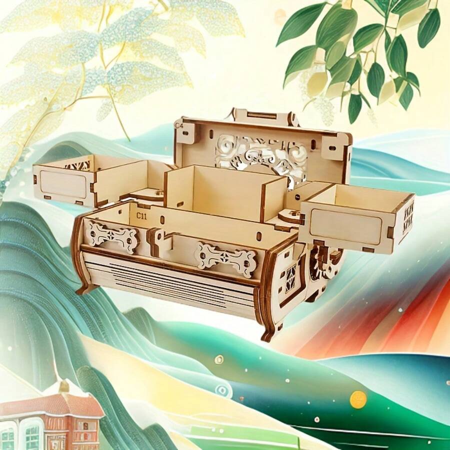 一款手工制作的3D木质拼图盒,包含300多块拼图,专为存放珠宝而设计,配备便携式机械锁,做工精细,是成人工艺套装和礼品的完美之选。 - 彩色 - 查看 1