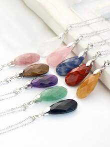 优雅多面切割水晶水滴吊坠项链，天然宝石颈链，搭配不锈钢链 - 彩色 - 查看 5