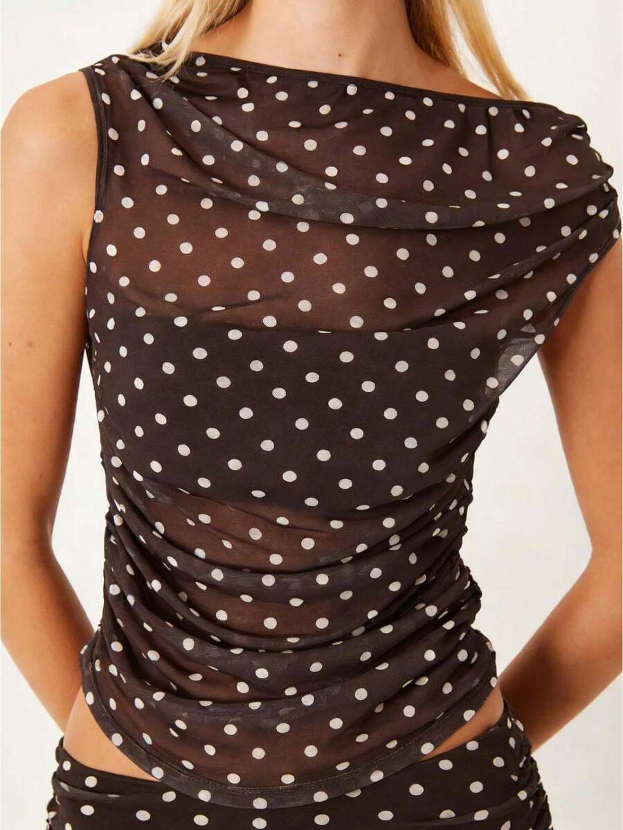 2026 New Women's Polka Dot Waist-Defining Sleeveless Top Stylish and Sophisticated Designer Women's Wear Spring/Summer Collection - Marrón claro - Ver 1