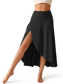 女士二合一高腰开衩运动裙，带内置短裤口袋，轻盈弹力，适合运动穿着 - 休闲纯色运动裙，女士运动服 - 黑色 - 查看 8