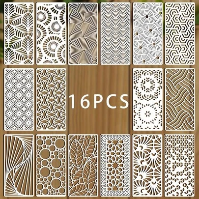 16 piezas de plantillas de pintura de muebles con diseño vintage, adecuadas para pintar en varios productos. Estas plantillas se pueden doblar, plegar y reutilizar, y son fáciles de limpiar