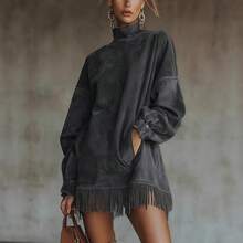 New High-Neck Suede Vintage Loose-Fitting Long-Sleeve Dress With Pockets And Tassels - hồng - Xem 3