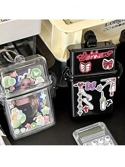 1pc/7.62cm Transparent Storage Box, Waterproof Outdoor Fitness Photo/Card Holder With Rope, Square Dust-Proof Photo/Card Album Display Stand, Unisex DIY Cute Album Box Container, Cigarette Box, Hip-Hop Style