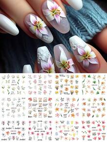 1张12款盛开百合花瓣美甲贴纸，彩色花束水转印美甲贴花，春夏水印美甲装饰，婚礼美甲用品，适合女性及节日礼物 - 彩色 - 查看 9