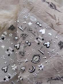 1张朋克风3D立体浮雕美甲贴纸 - 星空与爱心图案，包含星星、月亮、爱心 - 自粘聚氨酯贴纸，适合DIY美甲 - 銀色 - 查看 7