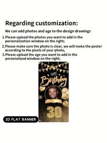 1pc Customizable Polyester Birthday Banner, Luxury Black Gold Birthday Banner, 2D Flat Durable Printed Poster, Personalized Birthday Custom Photo Age Poster, Door Decor Personalized Photo And Design, Multifunctional Personalized Logo Background Cloth, Custom Flag, Washable, Lightweight - Multicolor - View 6